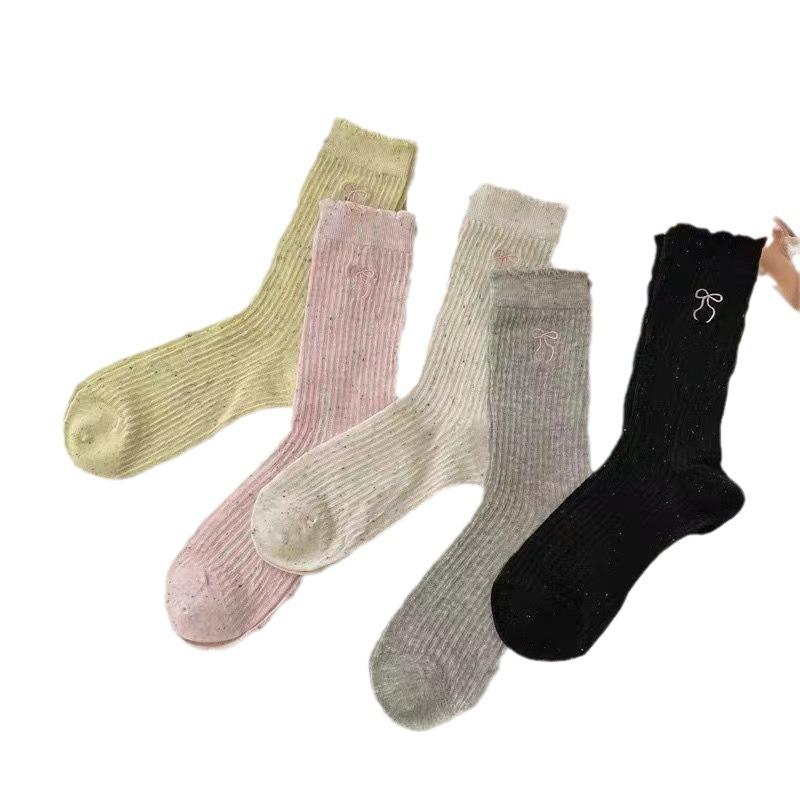 5 Pairs of Female Spring and Summer Thin Embroidery Bow Hollow Tube Stack Socks
