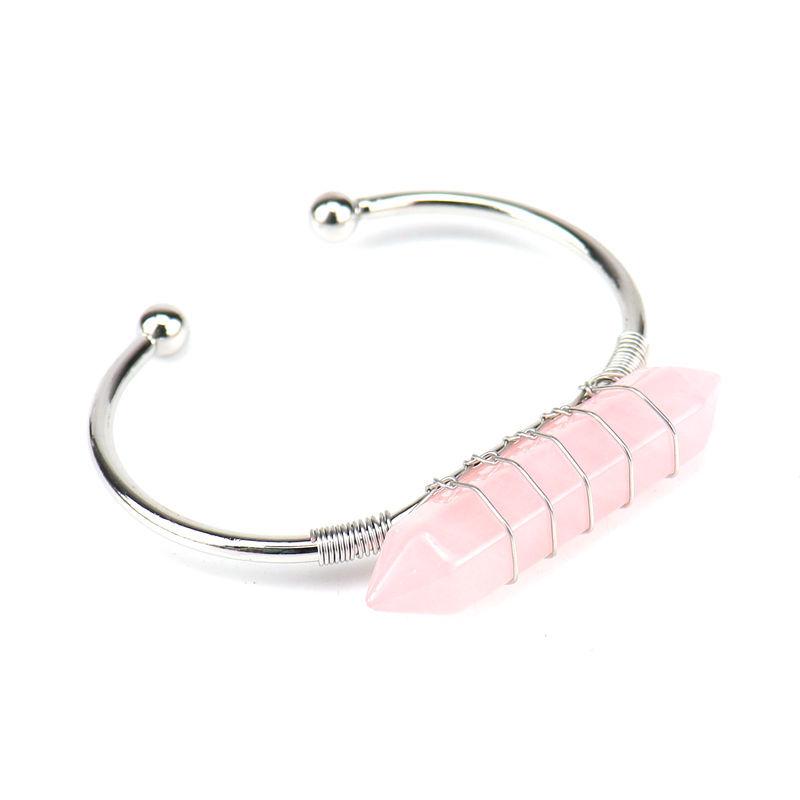 Handmade Silver Copper Wire Winding Natural Crystal Hexagonal Prism Bracelet Bracelet Bracelet Rough Stone Crystal Bracelet B2