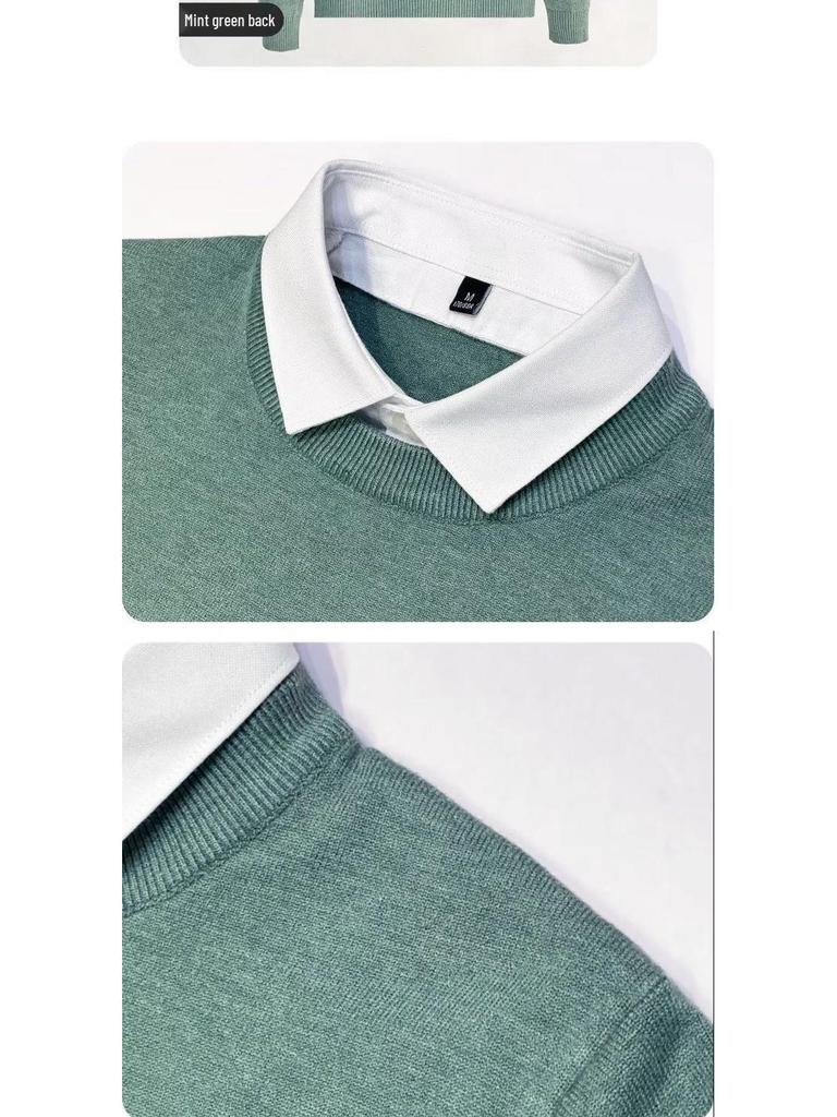 Men's Designer Sweater, Fall 2025: Korean Style Fake Two-Piece with Shirt and Stand Collar, Inner Knitwear Base Layer.