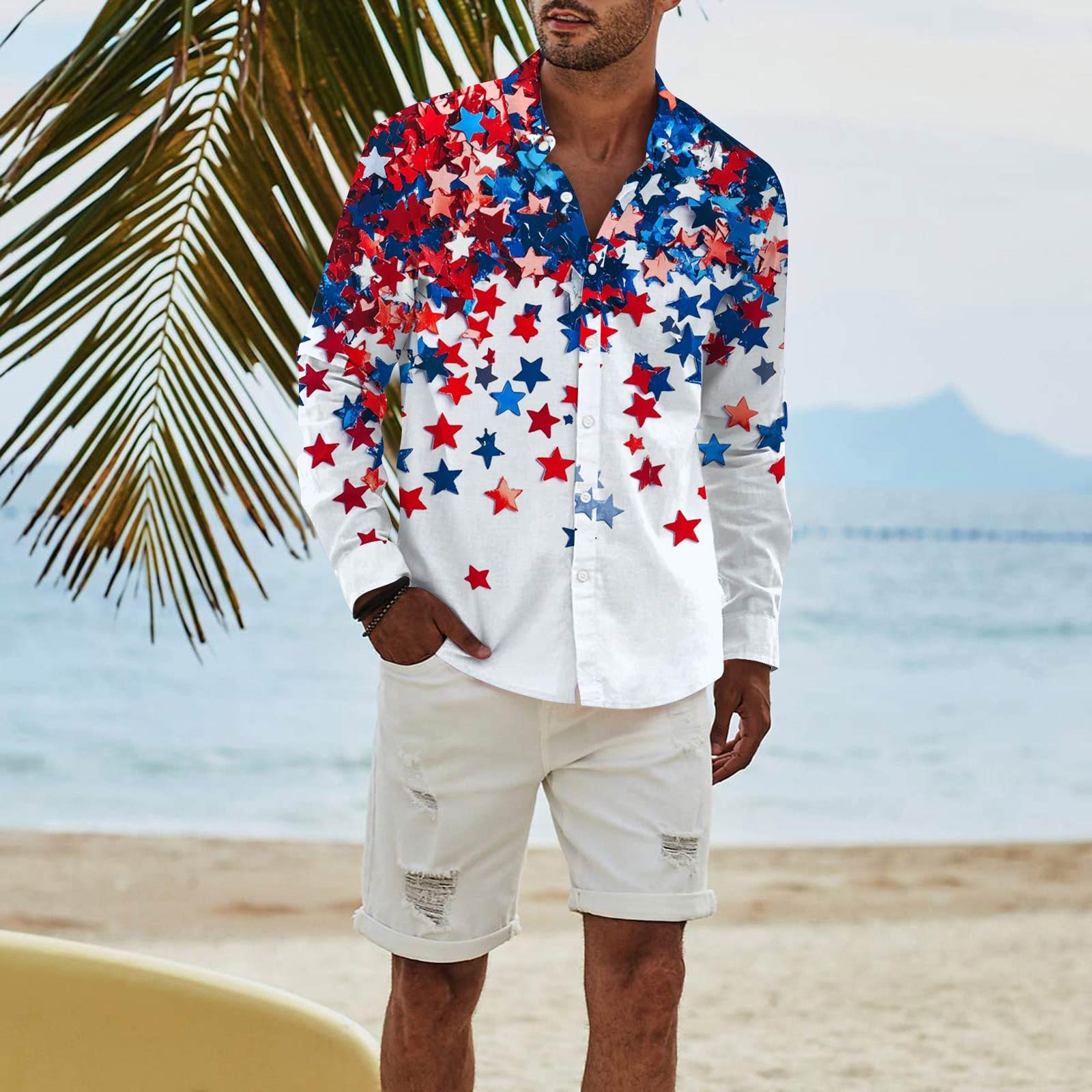 

Мужская модная повседневная футболка с длинным рукавом и принтом «День независимости» на пуговицах, рубашка обычного кроя XL белый