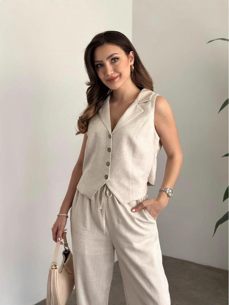 Summer 2025 Sleeveless V-neck Linen-Cotton Vest & Casual Pants Set