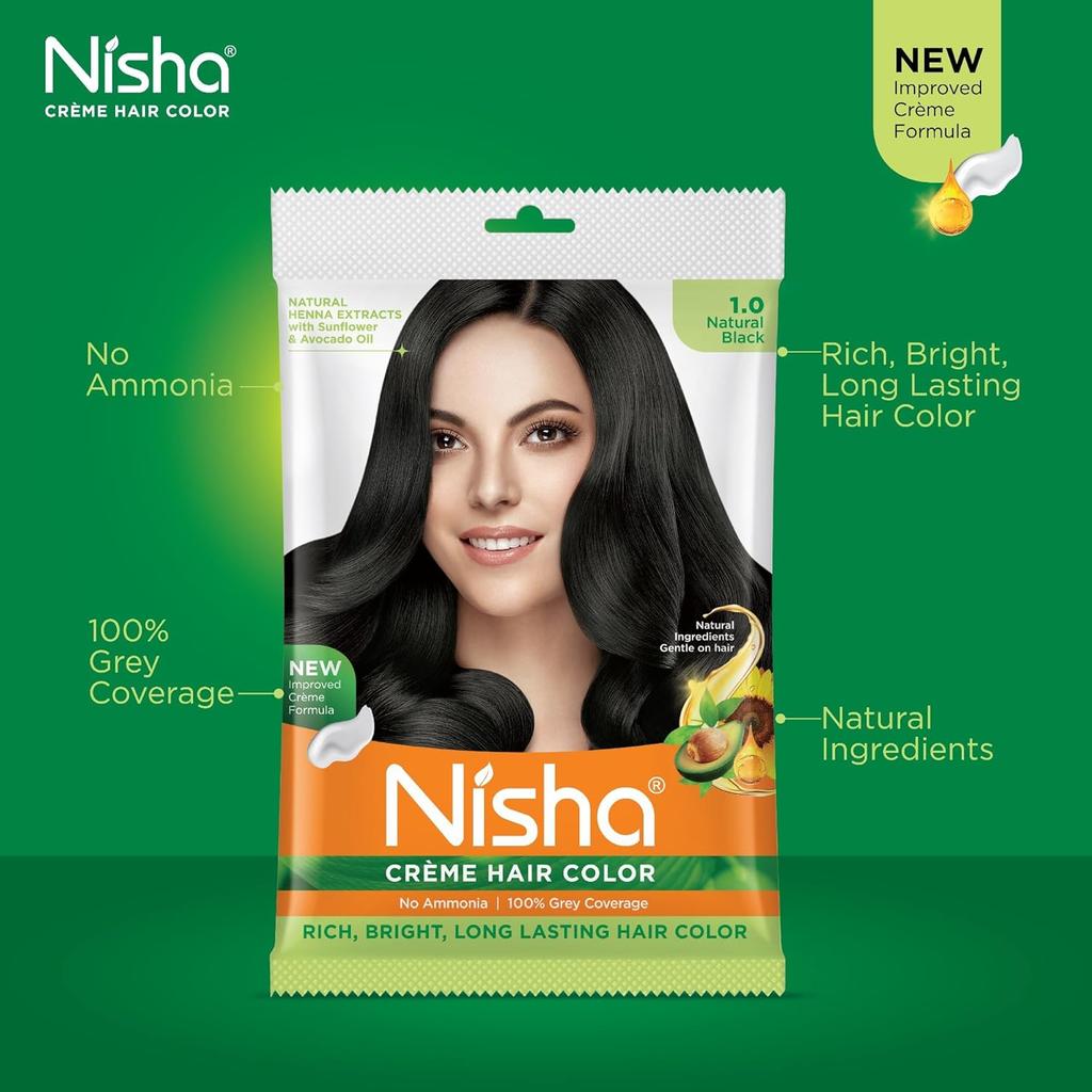 Nisha Creme Haarfarbe Naturschwarz 20ml+20g x 1 Ohne Ammoniak Mit Sonnenblume Avocado Henna Für 100 Prozent Grauabdeckung Packung mit 6