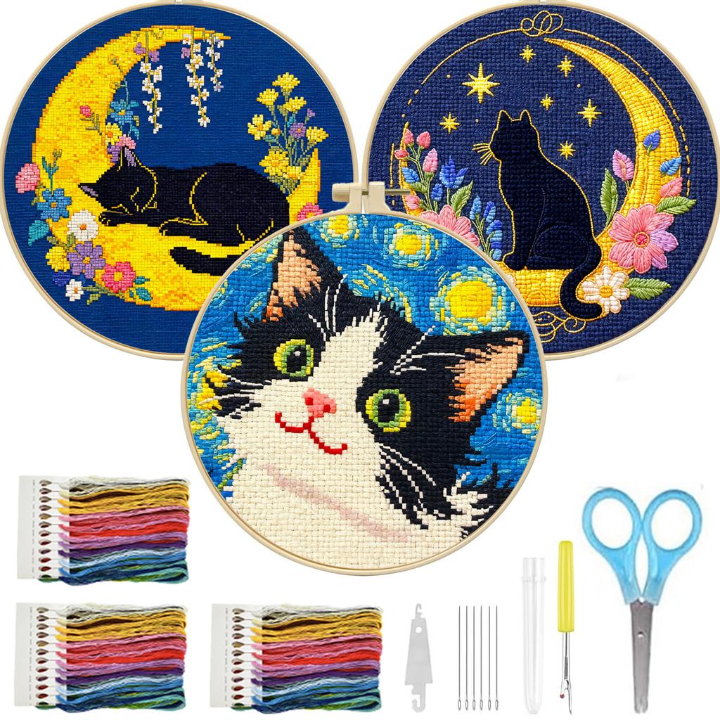 Kleines Nachtkatzen Kreuzstich-Set für Anfänger, Einfaches DIY Stickset mit Mustern
