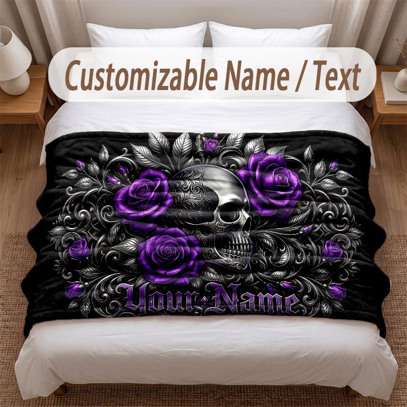 Skull Gothic Theme Soft Blanket Personalized Custom Name Text Print Warm Blanket Home Sofa Bedroom Decor