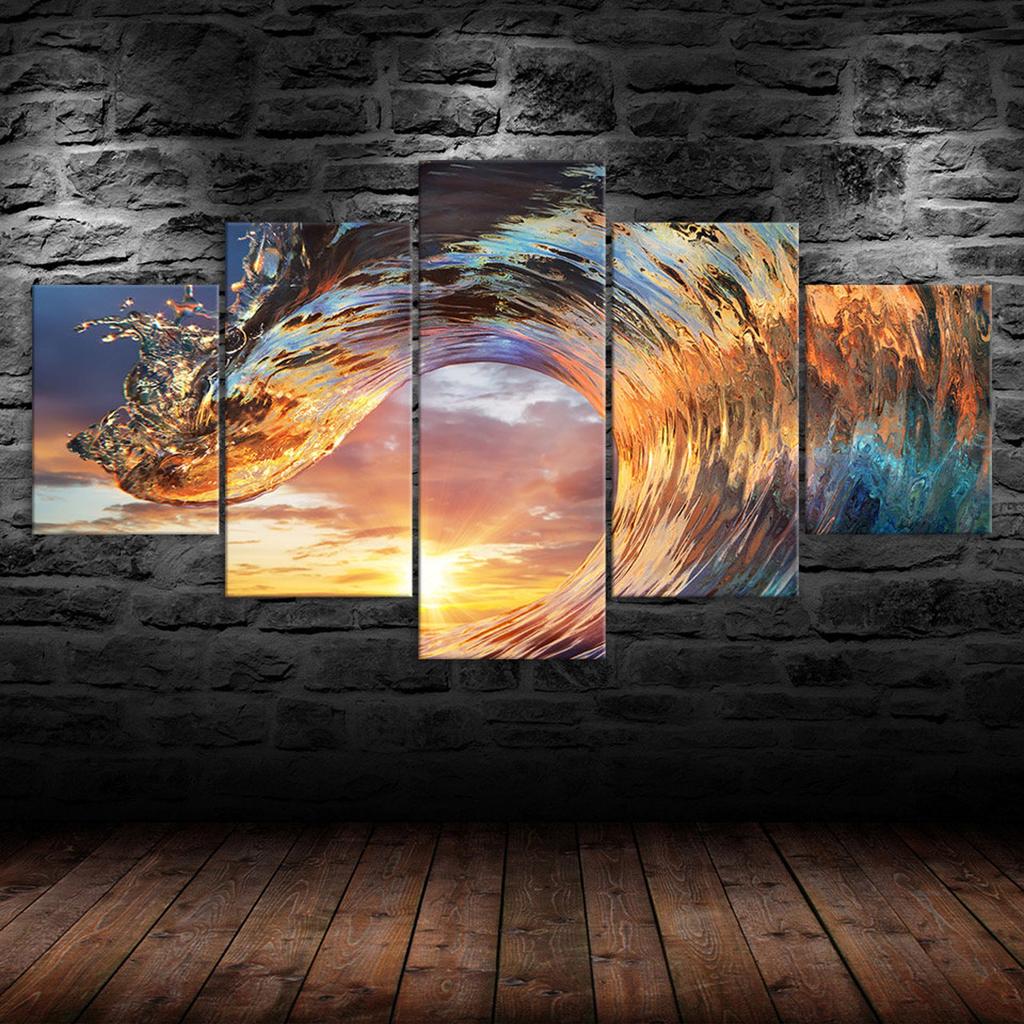 Sunset Beach Wave Ocean Scene 5 Piece Five Panel Wall Canvas Print Modern Art Poster Home Decor Gift For Him For Her