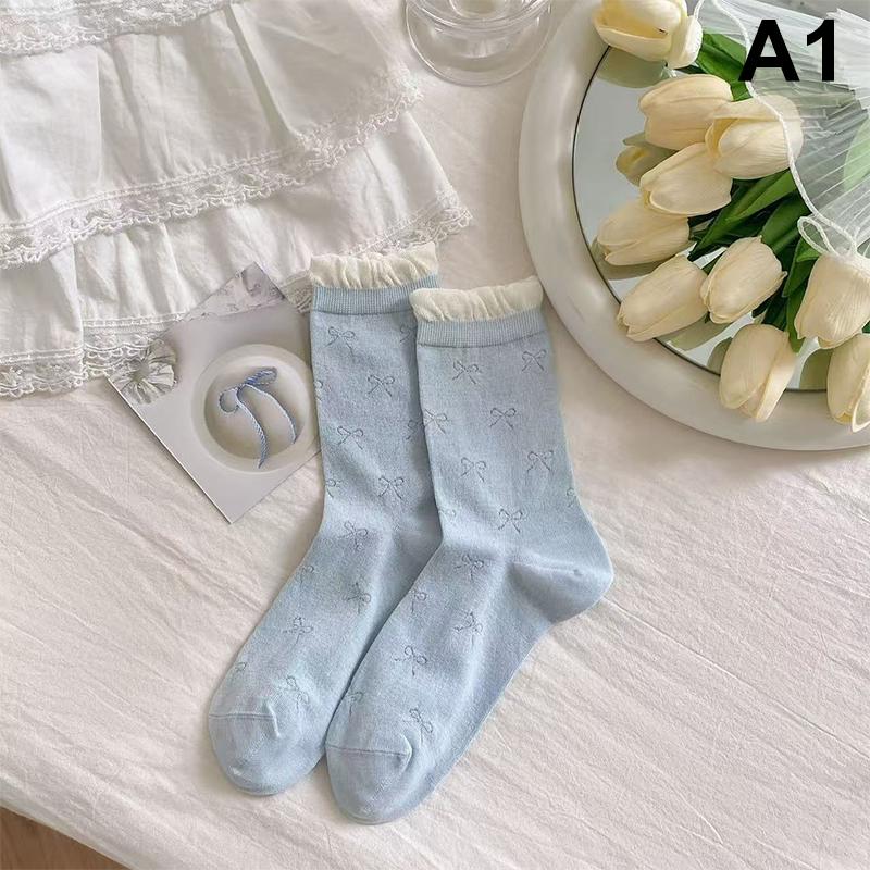 

Sweet Bowknot Tied Middle Tube Socks Women Heel Bow Socks Casual Black White Pile Socks Girls Sports Cotton Socks