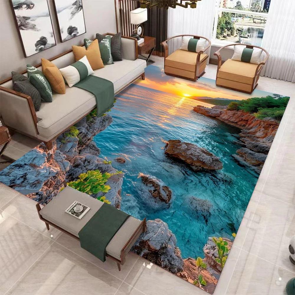 Non-Slip 3D Nature Scenery Rug, Santorini Snow Mountain Landscape Mat, Soft Floor Carpet for Living Room Home