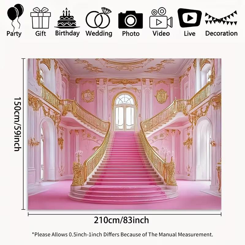 Sfondo 2D Fantasioso di una Villa Rosa con Dettagli Dorati e Scale per Programmi TV, Poster e Decorazione della Stanza