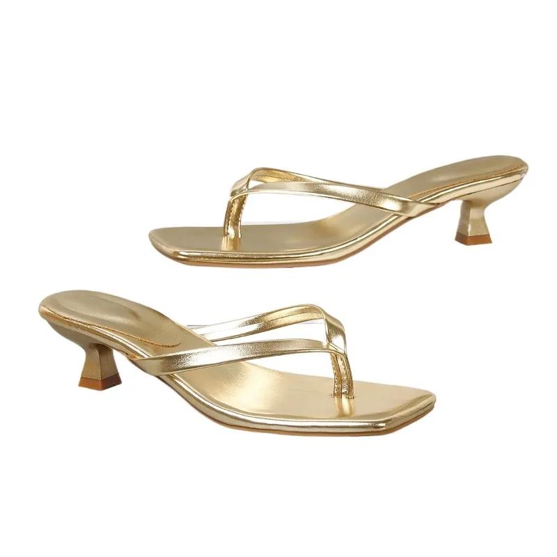 Fashion 2024 Hot Sale Ladies Shoes Flip Flops Women's Slippers Outdoor Dress Slippers Women Buckle Square Toe Med Heel Women's Sandals