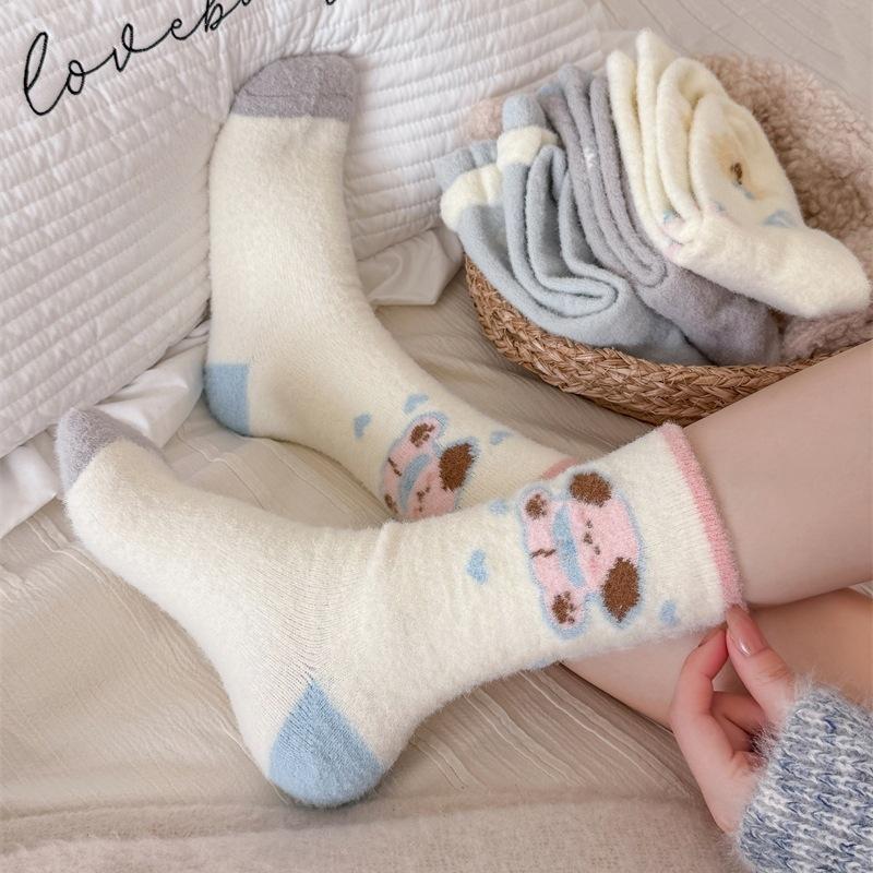 Female Autumn and Winter Thickened Warm Love Cute Cartoon Dog Home Floor Sleep Tube Stack Socks
