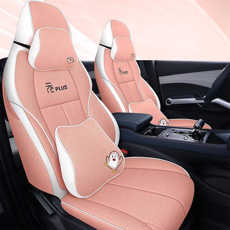 BYD Yuan PLUS Linen Cartoon Car Seat Cushion – Breathable, Full Wrap, Four Seasons Universal Cover.