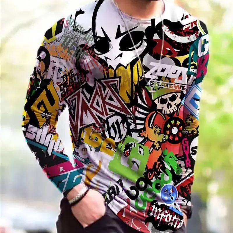 Men Spring And Fall Fashion Classic Street Casual 3d Printing O Collar Long Sleeve Loose Personality T-Shirt Plus Size Top
