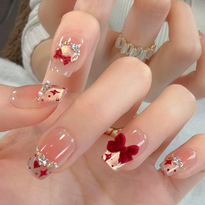 Christmas Bow Tie Velvet Nail Art Stickers - High-End White-Brightening Handmade Fake Nails
