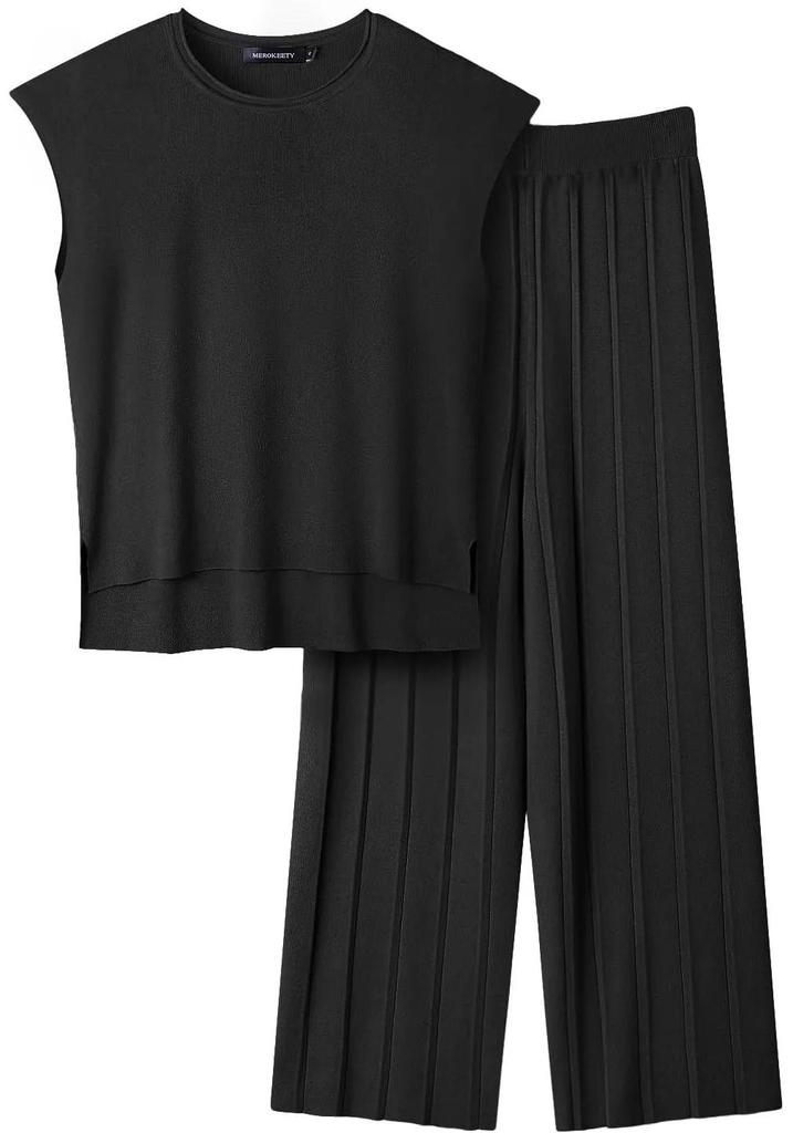 2026 Solid Color Knit Set: Sleeveless Top & Wide-Leg Crop Pants, Slim Fit, Round Neck