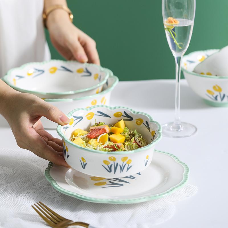 Flower Ceramic Bowl Set Household Tulip Underglaze Color Rice Bowl Vegetable Plate Plate Combination Tableware Set Tableware And Chopsticks