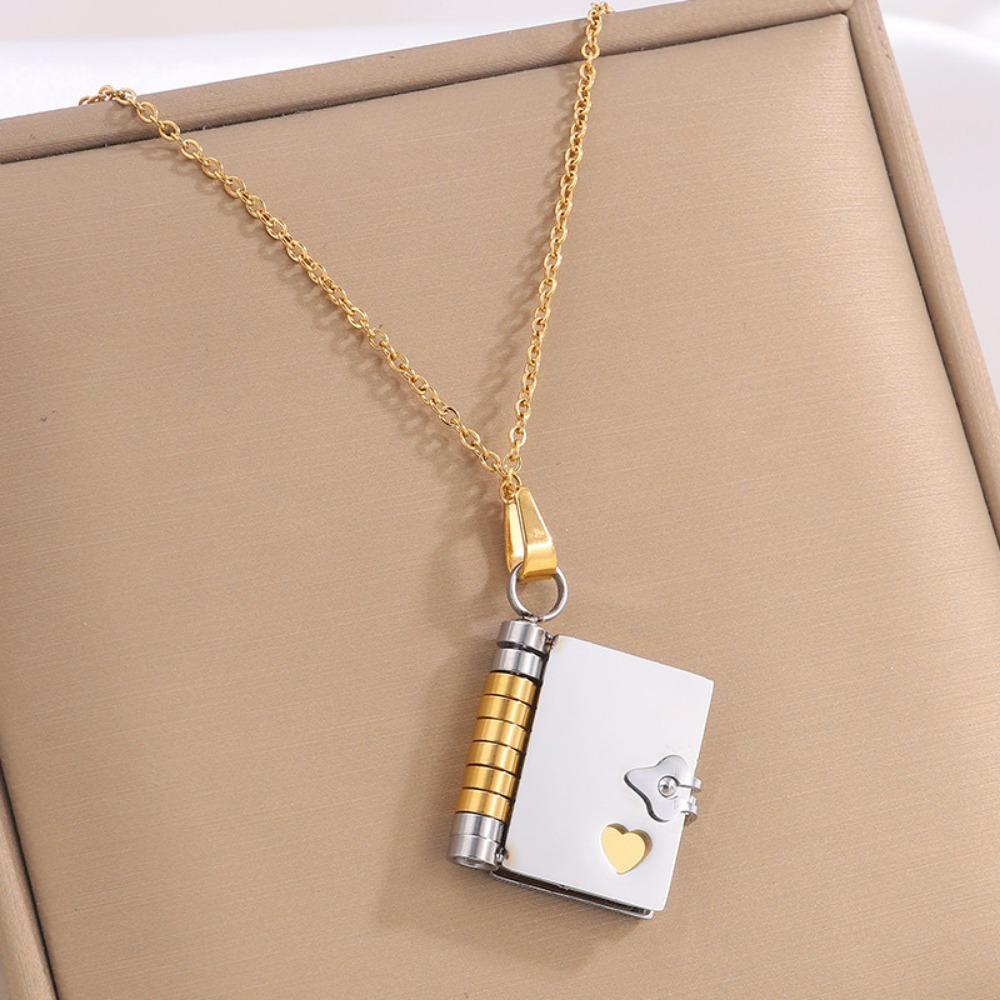 Metal Book Pendant Necklace Openable Lovers Choker Necklace Fashion Women's Sweater Chain  Girls