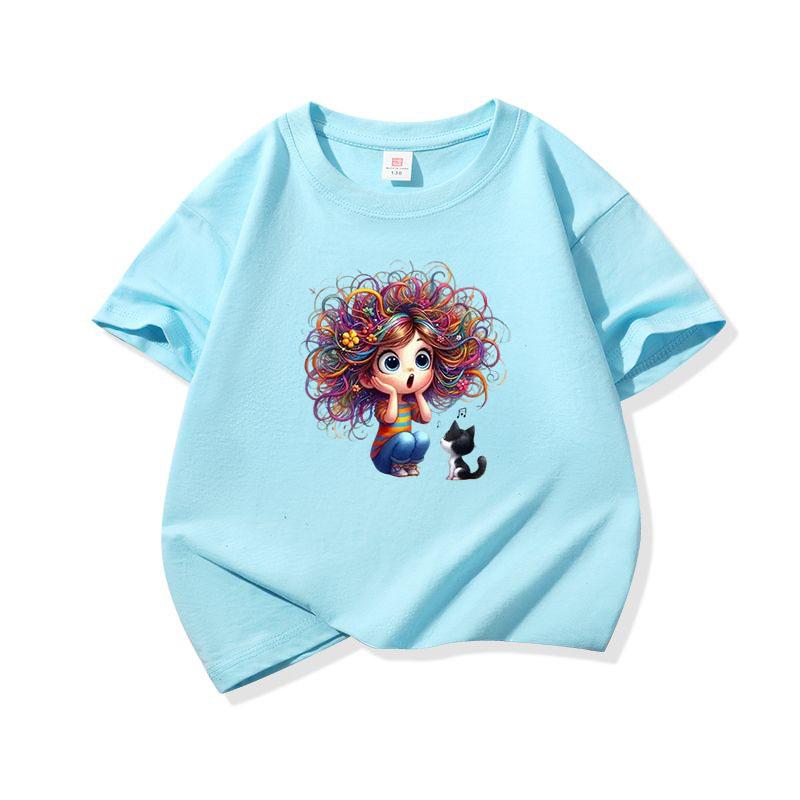 Kids Cotton T Shirt Surprised Colorful Hair Girl And Black Cat Print Crew Neck Short Sleeve Tee Casual Boys Girls Summer Tops