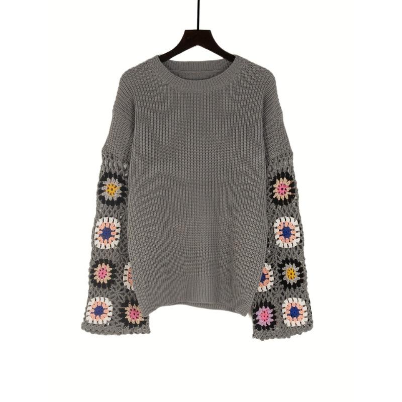 Høst og Vinter Dame Strikk Blussermermer Håndlaget Hul Blandet Farge Heklet Genser Rund Hals Pullover Topper