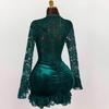 European and American new cross-border fashion temperament long-sleeved lace splicing solid color pleated deep V hip-wrapped short dress dress women