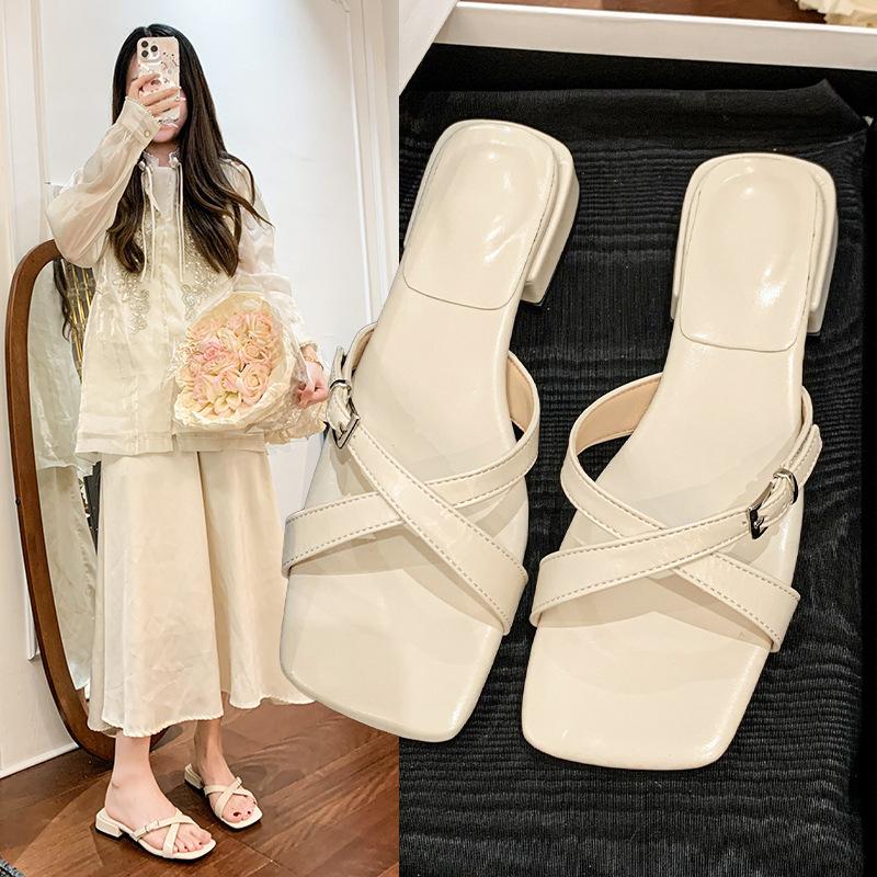 Comfortable Foreign Trade Women's Slippers Fashionable and Simple Open-toed High-heeled Cool Slippers Temperament European and American 2025 Square
