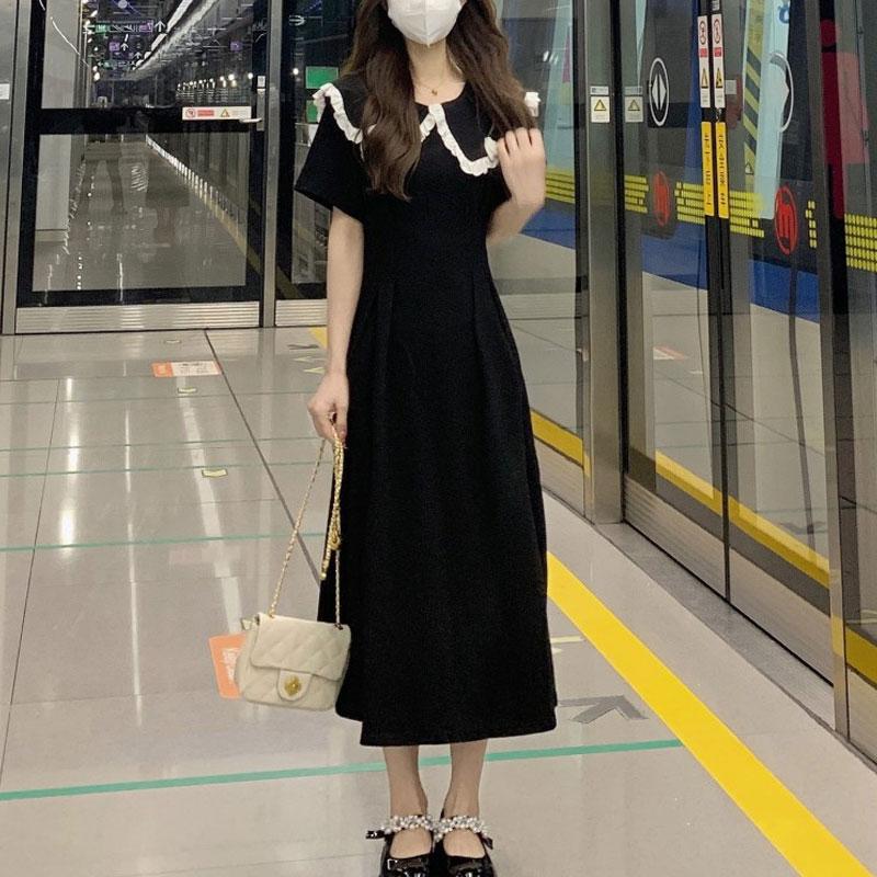 Vintage Peter Pan Collar Spliced Dresses Summer French Style Short Sleeve Women's Elegant A-Line Waist Basic Midi Dress