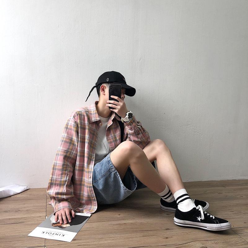 Men's Hong Kong Style Plaid Long-Sleeve Korean Shirt - Trendy Loose-Fit for Spring & Summer, Couple’s Jacket