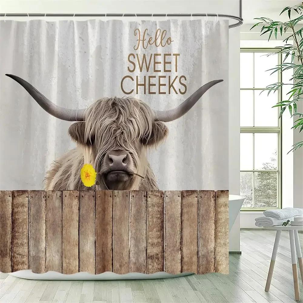 Funny Highland Cow Shower Curtain Farm Animal Sunflower Watercolour Flowers Farmhouse Polyester Fabric Bathroom Decor with Hooks