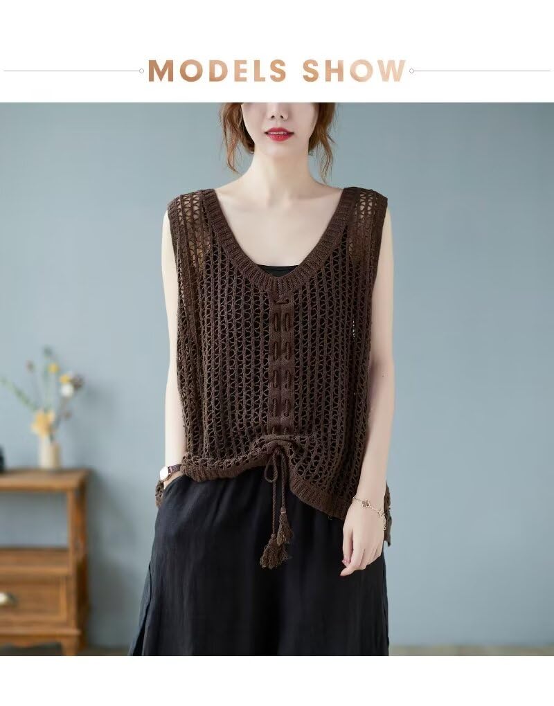 Uroi Mesh Knit Summer Tank Loose Free Size Women's Vest, V-Neck, Drawstring, Fringe, See-Through Top, Fit, Oversized, Coffee,