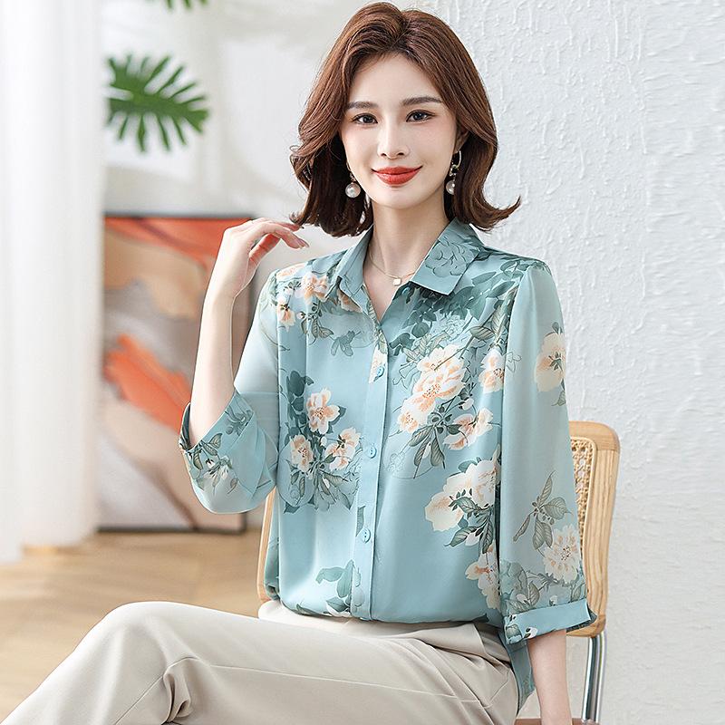 Women's Pink Floral Print Blouse Half Sleeve Button-Down Casual Chiffon Shirt