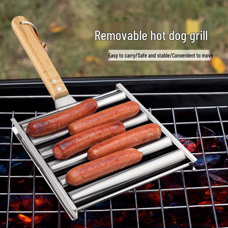 Stainless Steel Portable Detachable Hot Dog & Sausage Grilling Rack Set with Food Clip Fork.