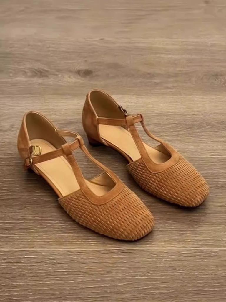 2025 new summer retro woven beautiful Roman sandals women's skirt hollow Mary Jane thick heel bag head single shoes