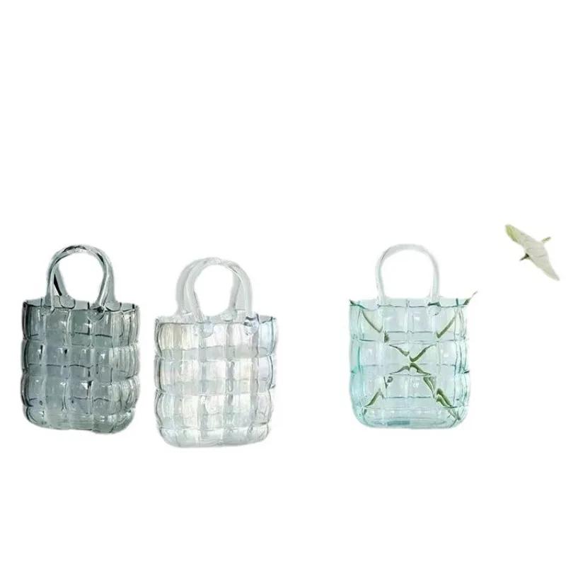 Clear Glass Vase Bag Handbag Basket Transparent Terrarium Flower Vase Floral Arrangement Accessories Living Room Decoration