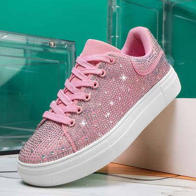 Scarpe da donna con plateau, strass, suola spessa, scarpe da designer rosa, sneakers con cristalli brillanti, sneakers casual di tendenza