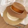 Women Sun Hat Breathable Wide Brim Flat Top French Style Straw Woven Hat with Ribbon Faux Pearls Decoration Summer Outdoor Hat