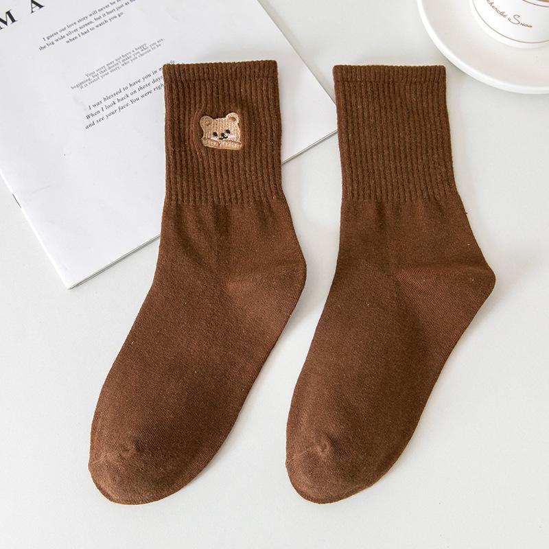 

Female Spring and Autumn Lovely Cartoon Solid Color Cotton Bear Embroidered Tube Socks 1 pair кофейный