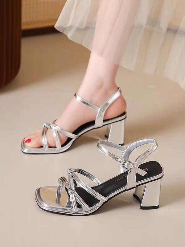 French silver sandals women's 2025 spring new fashion thick heel high sense shoe temperament word with high heels