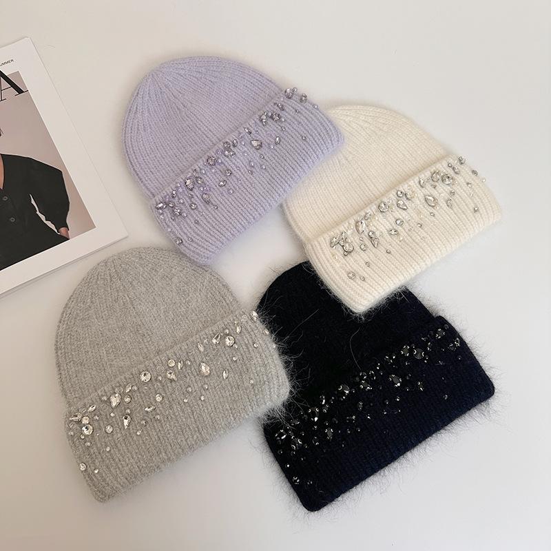 Knitted Hat Women's Winter Thickened Warm Ear Protection Hat Rhinestone Wool Hat Winter Hats for Women, Beanies for Women, Hats for Women Winter