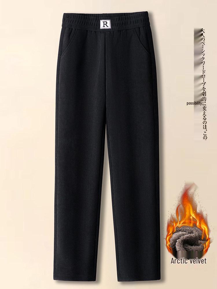 Mom's Fleece-Lined Cotton Pants, Thickened Straight-Leg, Warm Autumn/Winter Trousers for Middle-Aged/Elderly Women.