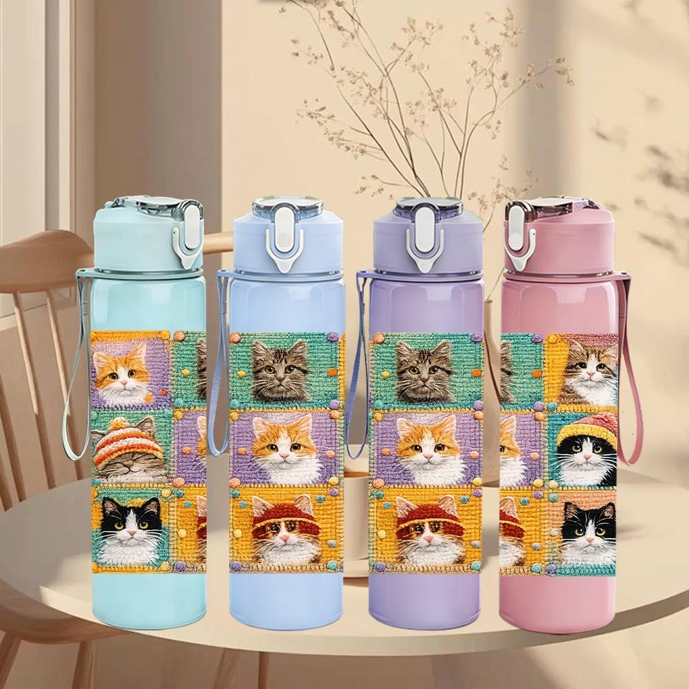 1PC Patchwork Tile With Multiple Cat Faces Print 750ml Color Plastic Sports Water Bottle Leakproof Flip Straw Lid Suitable for Sports Office Home Use