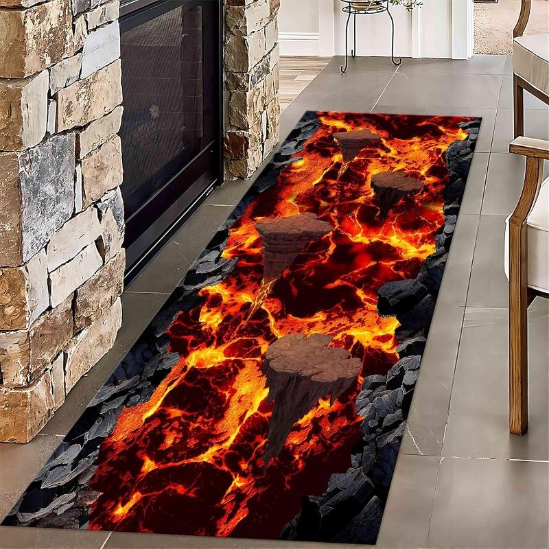 2D Magma Valley Runner Rug Realistic Lava Cracked Ground Design Home Decor Mat Soft Non-Slip Carpet for Living Room Bedroom