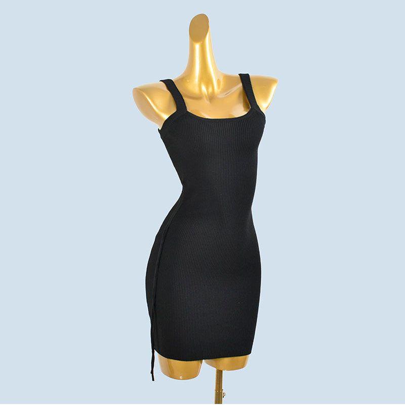 Knitted Sling Dress Women's Spring Summer Sexy Square Collar Collarbone Drawstring Slim fit Sheath Show Figure Vest Long dress