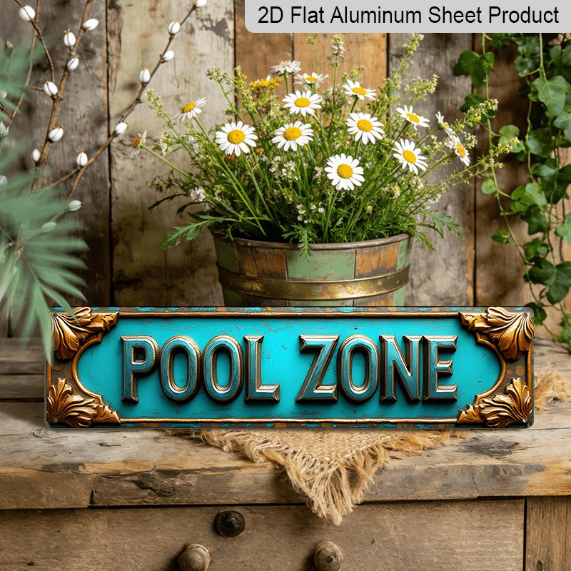 2D Flat, 1pc Vintage Aluminium Decorative Sign, A Captivating Wall-Mounted Decoration Called POOL ZONE with A Frame of Golden Leaves. It Is Suitable