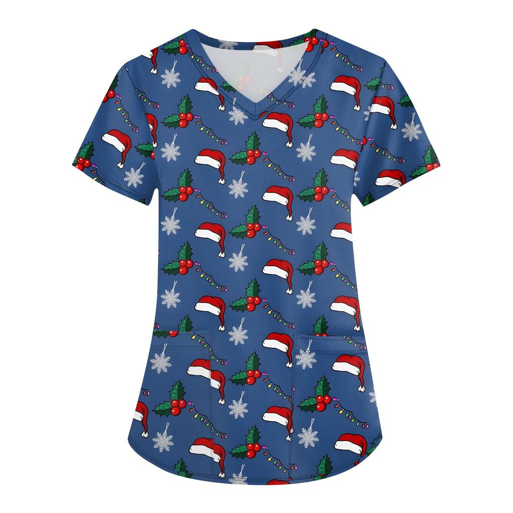 Vêtements de travail à manches courtes et col en V pour femmes avec poches et hauts imprimés de Noël