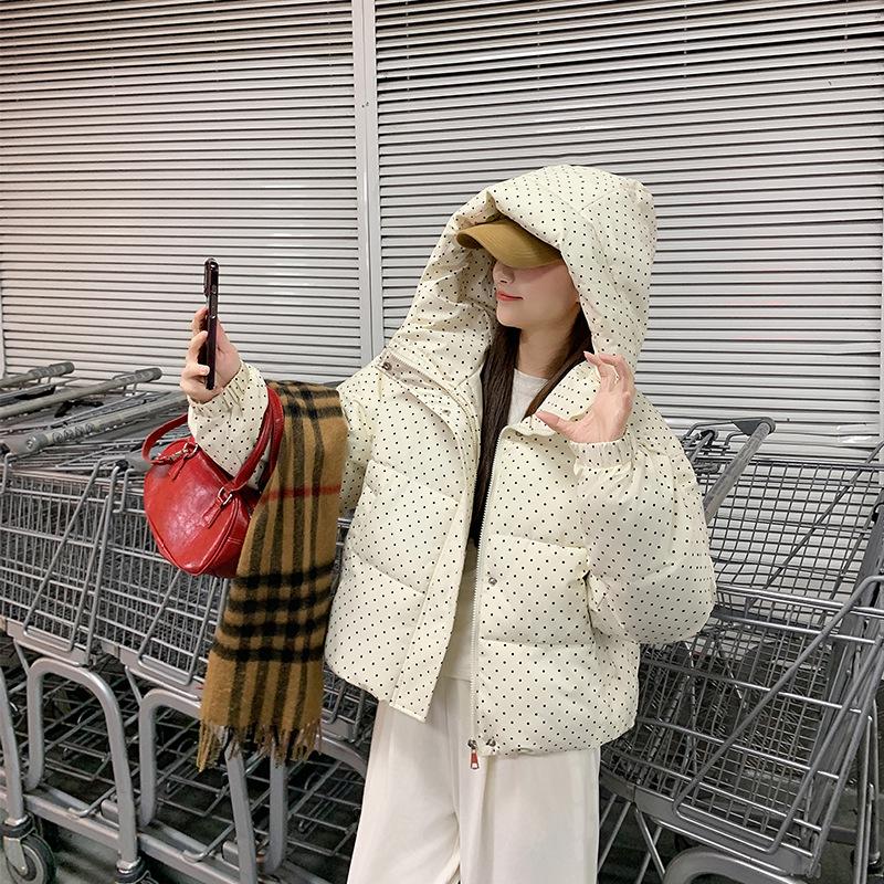 

2025 корейский дизайн хлопковая куртка в горошек зимняя милая новая свободная стеганая куртка хлеб короткая хлопковая куртка XXL бежевый