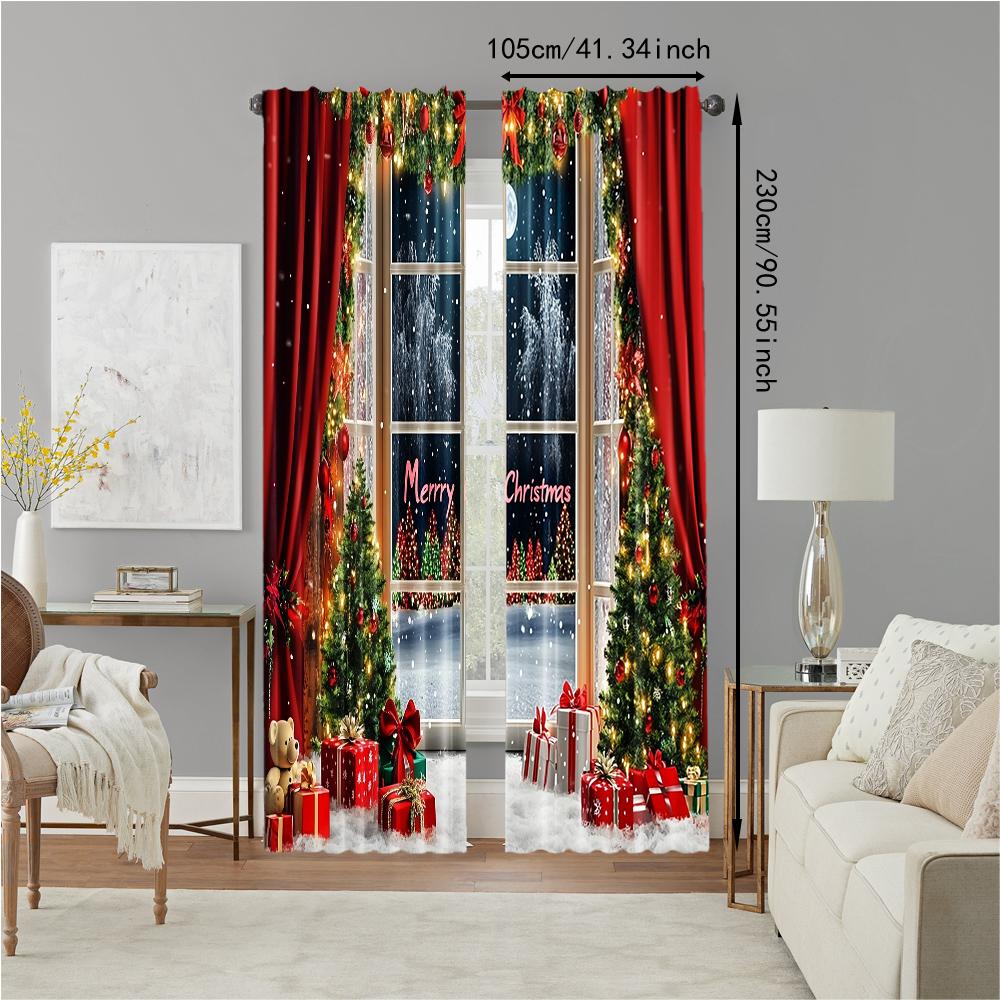 2Pcs Christmas Tree Printed Window Curtains Rod Pocket Design Machine Washable Window Drapes For Living Room And Bedroom Home