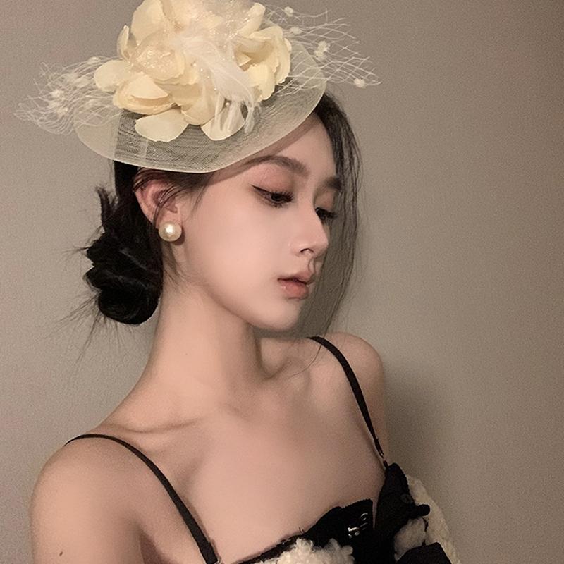 Big Flower Top Hat Hair Clip Mesh Hat With Feather Hair Clip Wedding Prom Party Accessories Headbands For Women