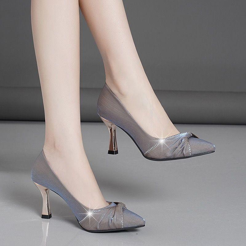 Women Light Grey Pu Leather Low Heel Shoes for Office Lady Party Comfort Light Gray Heels Lightweight and Breathable