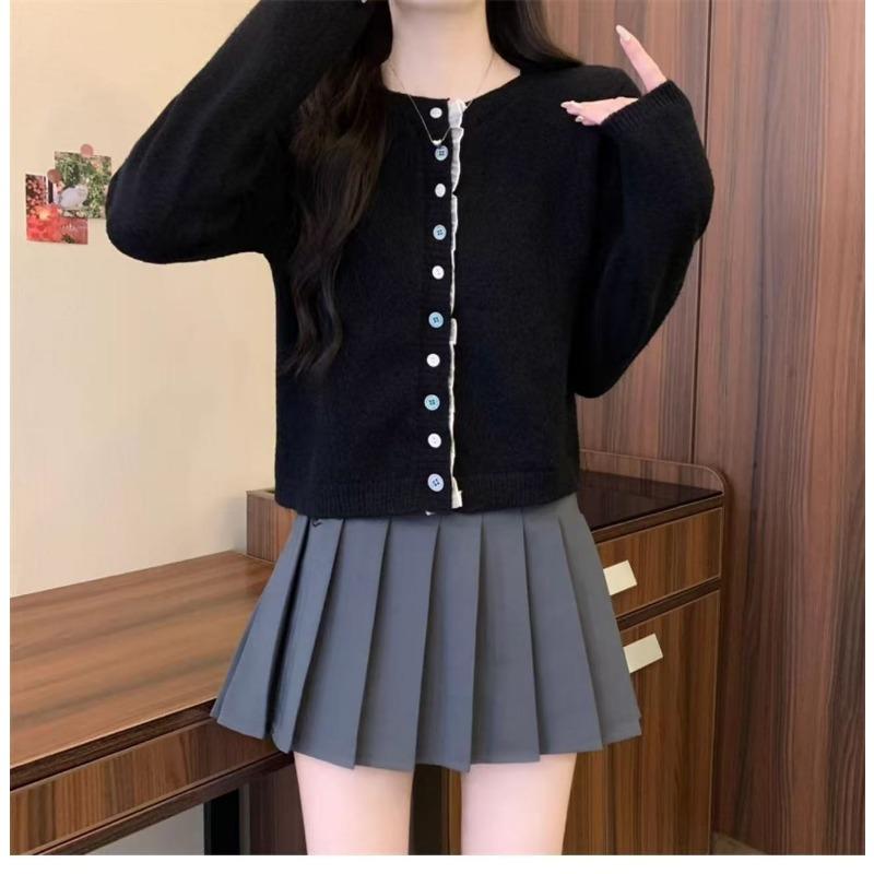 Autumn new lace splicing single-breasted short round neck long-sleeved knitted cardigan women's casual knitted jacket