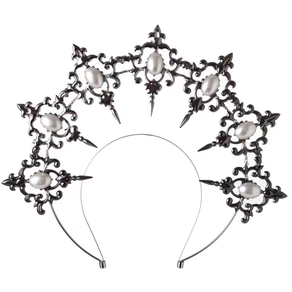 Lolita Hand-made Dark Headdress, Madonna of the Sun Halo, Baroque Crown Ball Performance Props