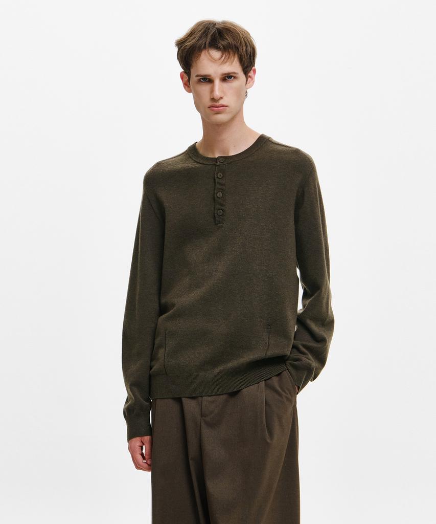 ZIOSONGZIO Timeless Wholegarment Henley Neck Knit Brown Zi6Kt694Br